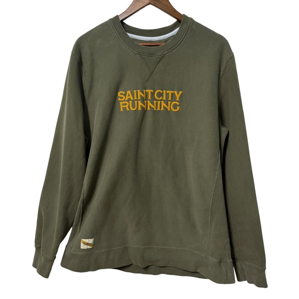 Tracksmith Sweatshirt Mens XL Saint City Running Olive Green Crewneck Fleece